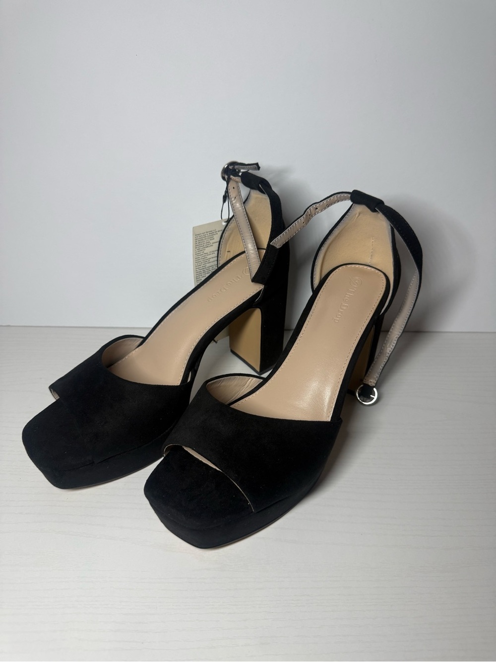 Women's Black Suede Platform Block Heel Sandals with Ankle Strap